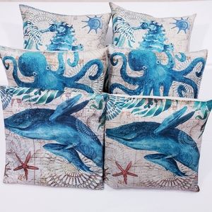 Nautical Indoor Pillow Covers Set of 6 Seahorse and SeaWorld Print